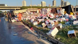Carreta tomba e deixa óleo espalhado na GO-020, em Goiânia